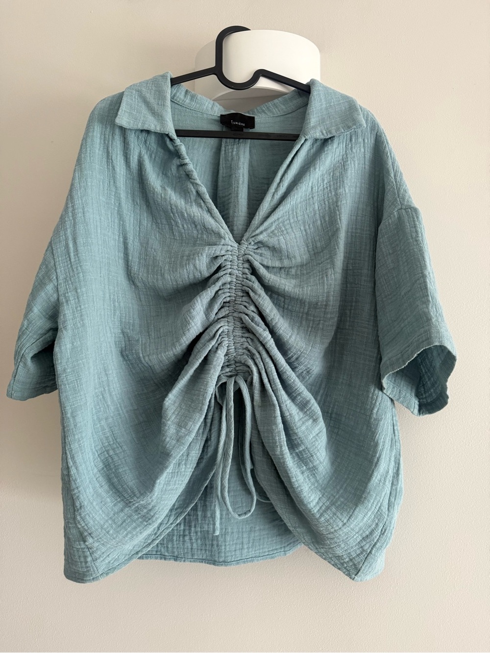Lumiere Seafoam Ruched Drawstring Collared Blouse